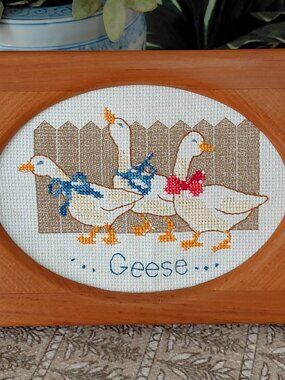 Vintage Geese Cross-Stitch in Wooden Frame
